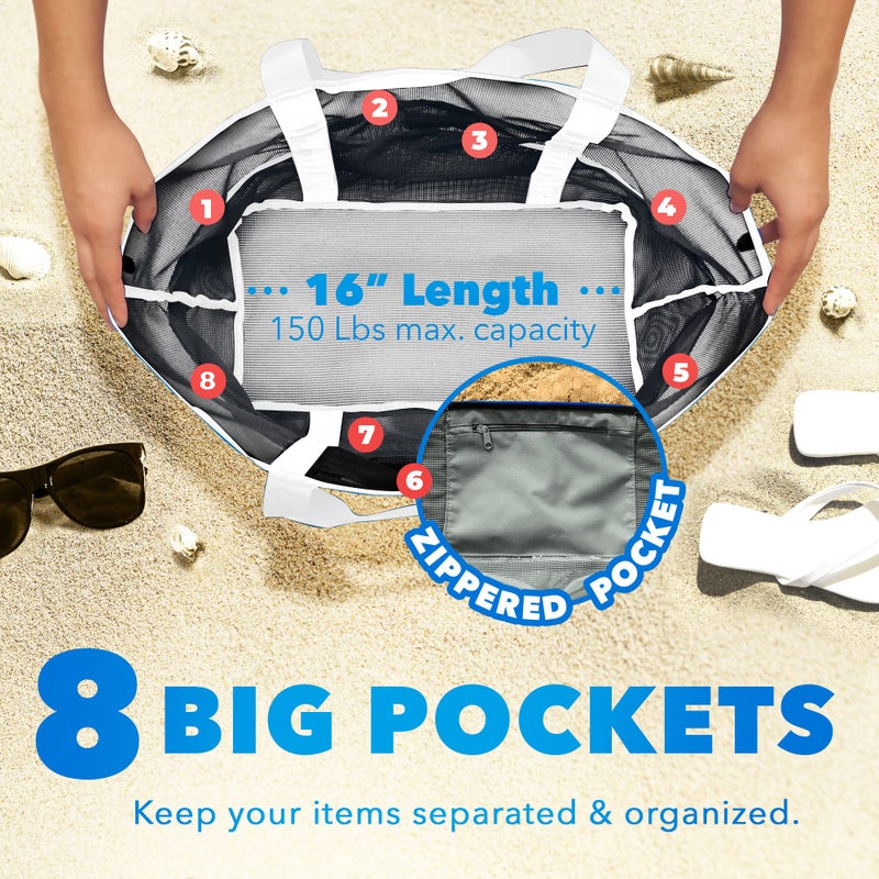 Dejaroo - Sand Free Mesh Bag - Strong Lightweight Tote For Beach & Vacation Essentials. Tons of Storage with 8 Pockets, Foldable, 17x9x15 inches, Black with White Straps - Image 3